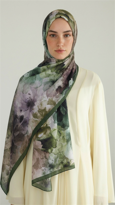 ÇİÇEK DESENLİ COTTON ŞAL - HAKİ