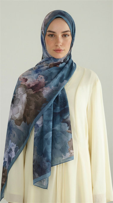 ÇİÇEK DESENLİ COTTON ŞAL - İNDİGO / MAVİ 