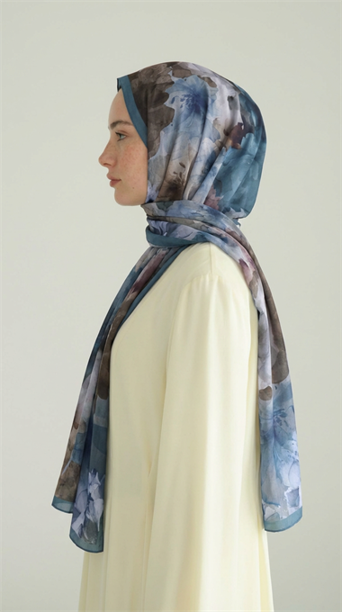 ÇİÇEK DESENLİ COTTON ŞAL - İNDİGO / MAVİ 