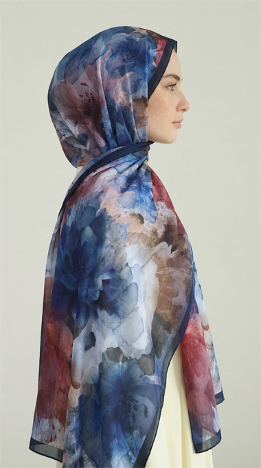 ÇİÇEK DESENLİ COTTON ŞAL - LACİVERT / BORDO 