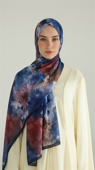ÇİÇEK DESENLİ COTTON ŞAL - LACİVERT / BORDO 