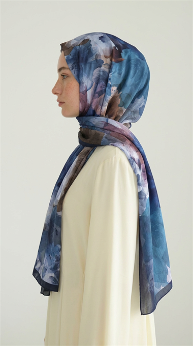 ÇİÇEK DESENLİ COTTON ŞAL - LACİVERT / KAHVERENGİ 