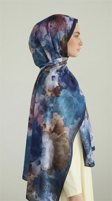 ÇİÇEK DESENLİ COTTON ŞAL - LACİVERT / KAHVERENGİ 