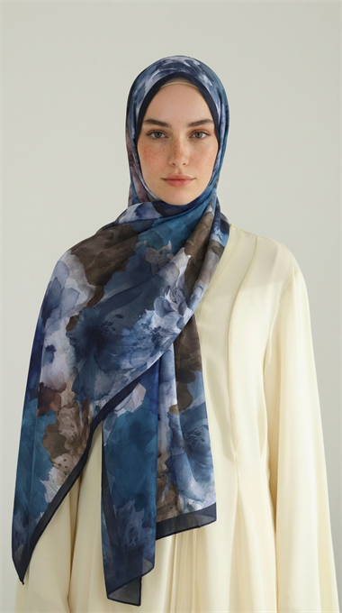 ÇİÇEK DESENLİ COTTON ŞAL - LACİVERT / KAHVERENGİ 