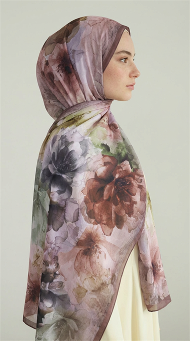 ÇİÇEK DESENLİ COTTON ŞAL - YEŞİL / KAHVERENGİ 