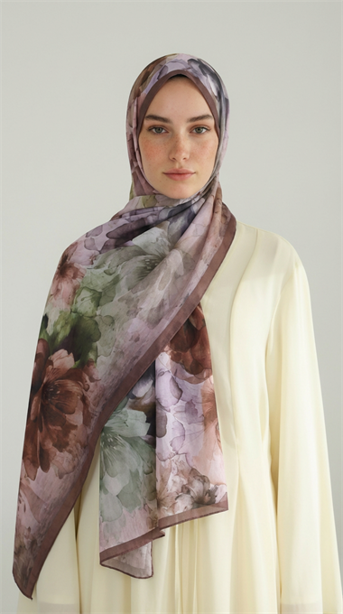 ÇİÇEK DESENLİ COTTON ŞAL - YEŞİL / KAHVERENGİ 