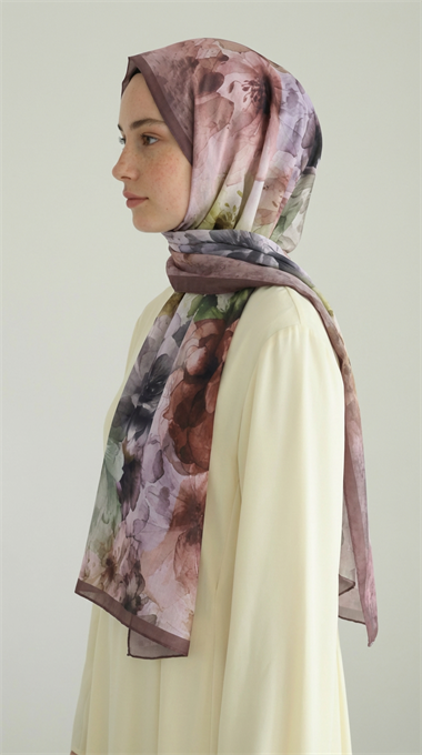 ÇİÇEK DESENLİ COTTON ŞAL - YEŞİL / KAHVERENGİ 