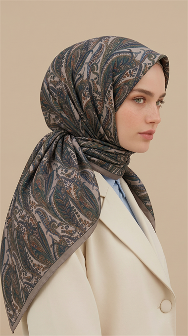 EFSUN DESENLİ 120*120 CM COTTON EŞARP - BEJ / YEŞİL