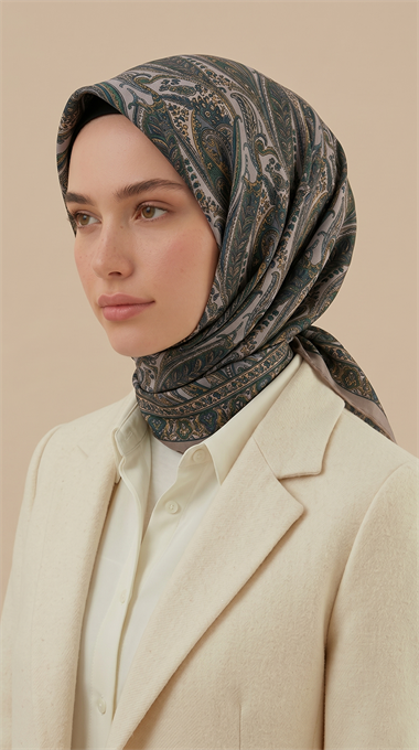 EFSUN DESENLİ 120*120 CM COTTON EŞARP - BEJ / YEŞİL