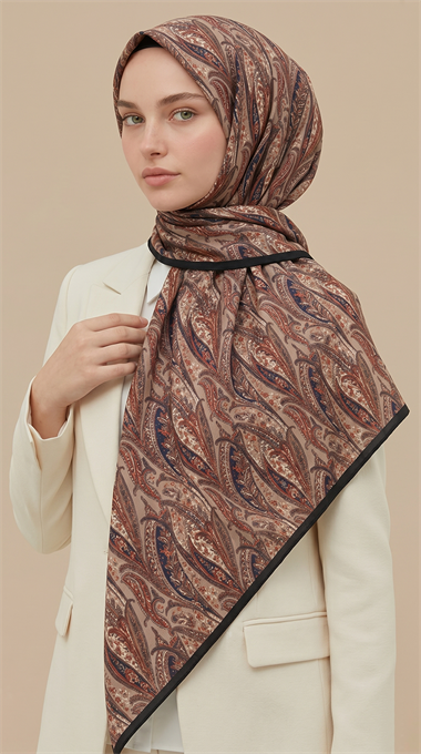 EFSUN DESENLİ 120*120 CM COTTON EŞARP - BEJ / KIRMIZI