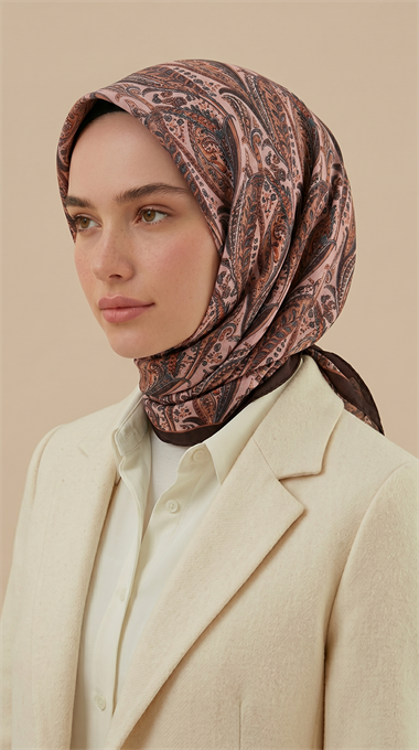 EFSUN DESENLİ 120*120 CM COTTON EŞARP - KAHVERENGİ / KREM