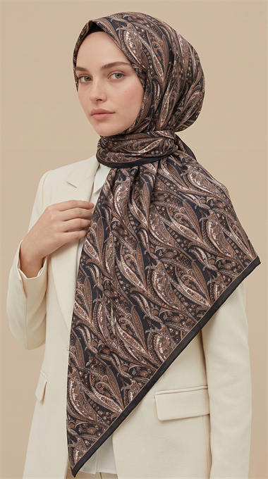EFSUN DESENLİ 120*120 CM COTTON EŞARP - KAHVERENGİ / SİYAH 