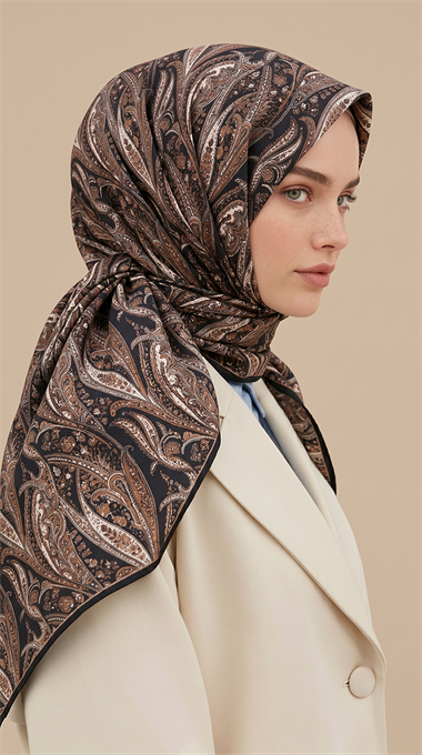 EFSUN DESENLİ 120*120 CM COTTON EŞARP - KAHVERENGİ / SİYAH 