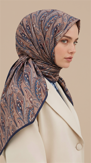 EFSUN DESENLİ 120*120 CM COTTON EŞARP - LACİVERT / BEJ