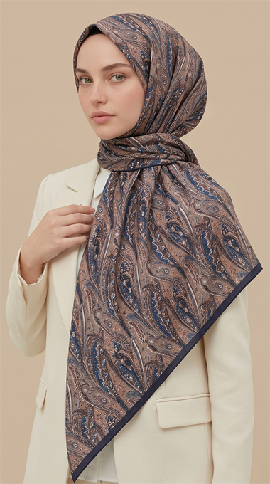Karaca Eşarp ŞAL EŞARP EFSUN DESENLİ 120*120 CM COTTON EŞARP - LACİVERT / BEJ