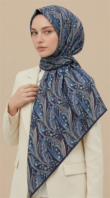 Karaca Eşarp ŞAL EŞARP EFSUN DESENLİ 120*120 CM COTTON EŞARP -  LACİVERT
