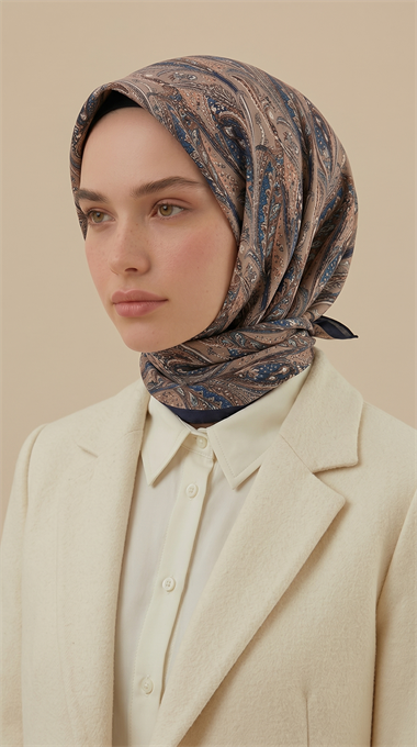 EFSUN DESENLİ 120*120 CM COTTON EŞARP - LACİVERT / BEJ