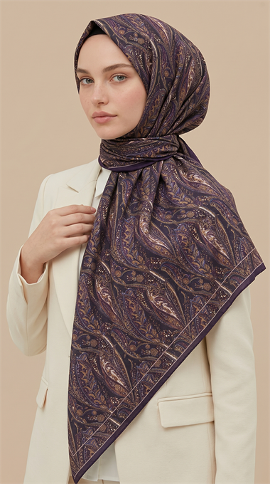 EFSUN DESENLİ 120*120 CM COTTON EŞARP -  MOR / KAHVERENGİ