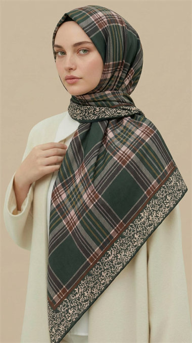 Karaca EşarpKOTON EŞARP EKOSE DESENLİ 100*1OO CM COTTON EŞARP - HAKİ / KAHVERENGİ 