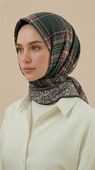 EKOSE DESENLİ 100*1OO CM COTTON EŞARP - HAKİ / KAHVERENGİ 
