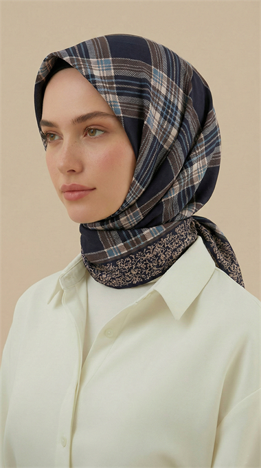 EKOSE DESENLİ 100*1OO CM COTTON EŞARP - KAHVERENGİ / MAVİ