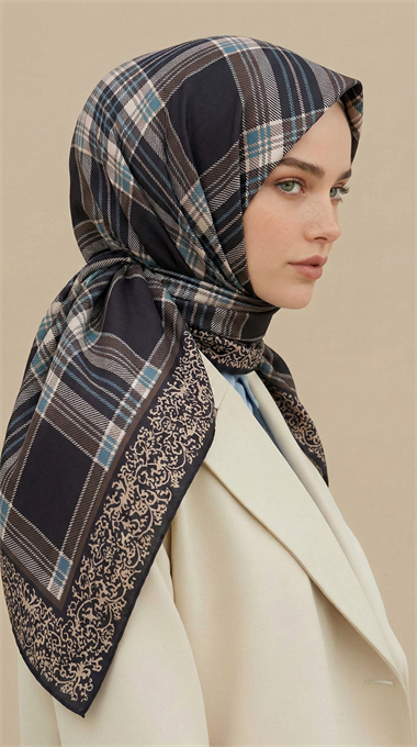 EKOSE DESENLİ 100*1OO CM COTTON EŞARP - KAHVERENGİ / MAVİ