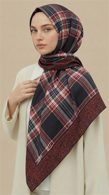 EKOSE DESENLİ 100*1OO CM COTTON EŞARP  - KIRMIZI / SİYAH 