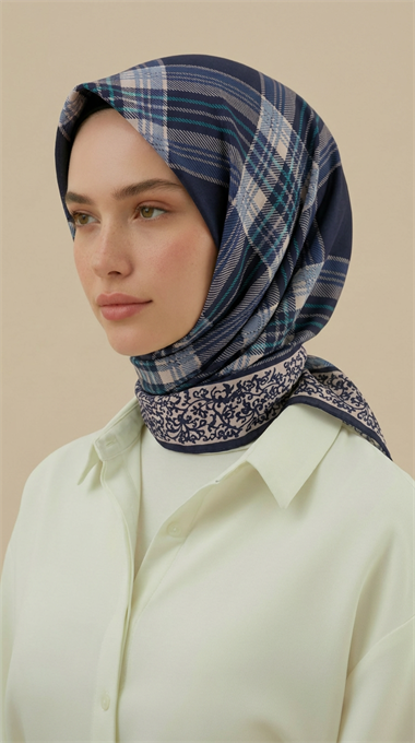 EKOSE DESENLİ 100*1OO CM COTTON EŞARP - LACİVERT