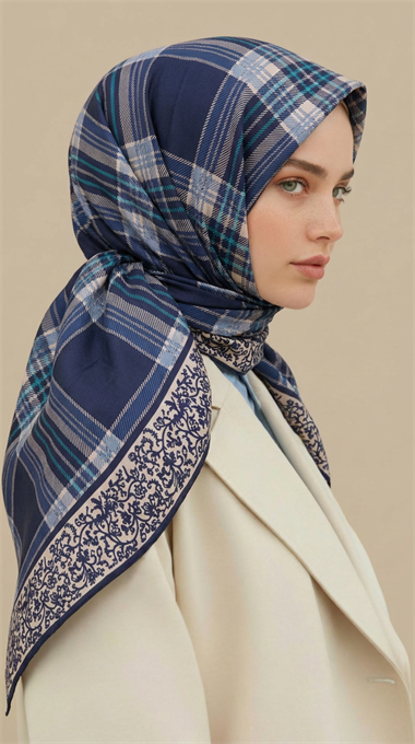EKOSE DESENLİ 100*1OO CM COTTON EŞARP - LACİVERT
