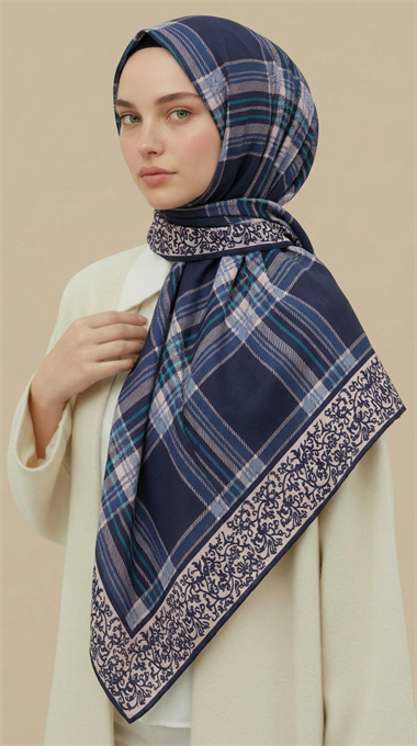 EKOSE DESENLİ 100*1OO CM COTTON EŞARP - LACİVERT