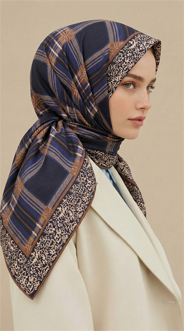 EKOSE DESENLİ 100*1OO CM COTTON EŞARP - LACİVERT / KİREMİT 