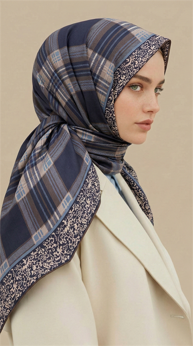 EKOSE DESENLİ 100*1OO CM COTTON EŞARP - LACİVERT / İNDİGO