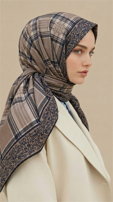 EKOSE DESENLİ 100*1OO CM COTTON EŞARP - SİYAH / BEJ
