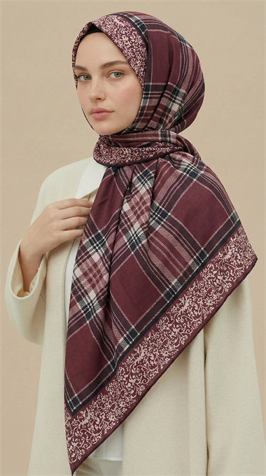 EKOSE DESENLİ 100*1OO CM COTTON EŞARP - SİYAH / MÜRDÜM