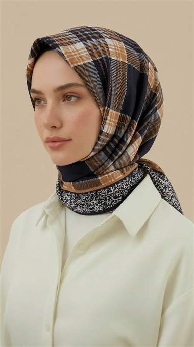 EKOSE DESENLİ 100*1OO CM COTTON EŞARP  - SİYAH / TURUNCU