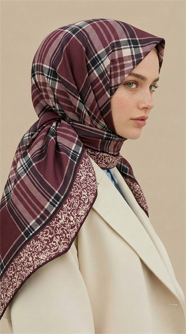 EKOSE DESENLİ 100*1OO CM COTTON EŞARP - SİYAH / MÜRDÜM
