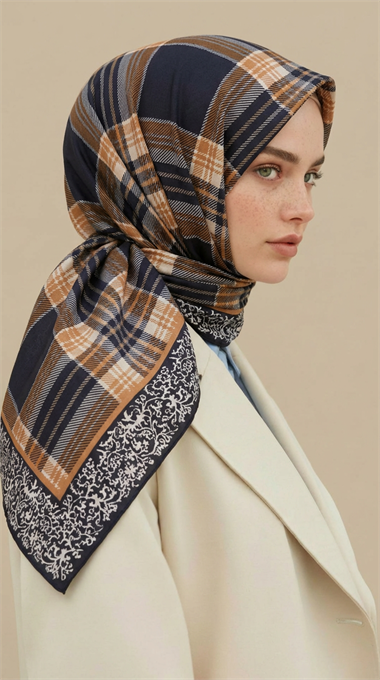 EKOSE DESENLİ 100*1OO CM COTTON EŞARP  - SİYAH / TURUNCU