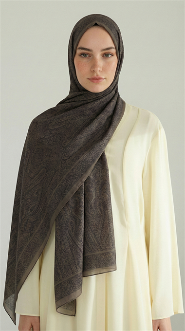 ELEGANT DESENLİ VUAL İPEK ŞAL -BEJ / KOYU BEJ