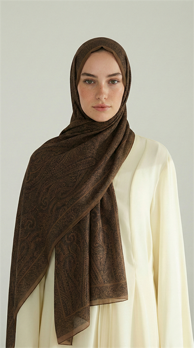 ELEGANT DESENLİ VUAL İPEK ŞAL - KAHVERENGİ