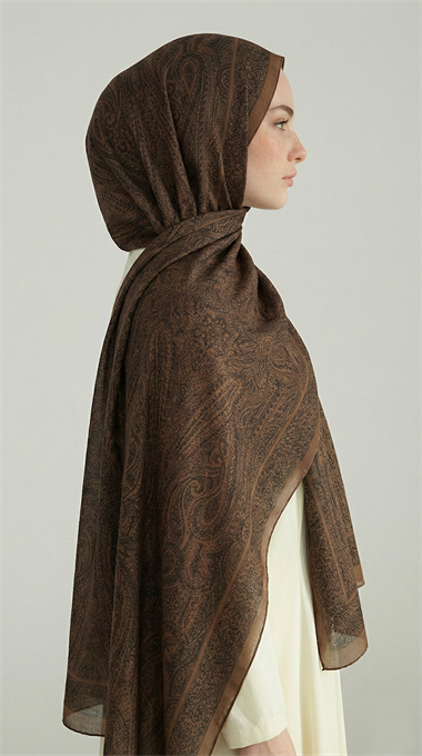 ELEGANT DESENLİ VUAL İPEK ŞAL - KAHVERENGİ