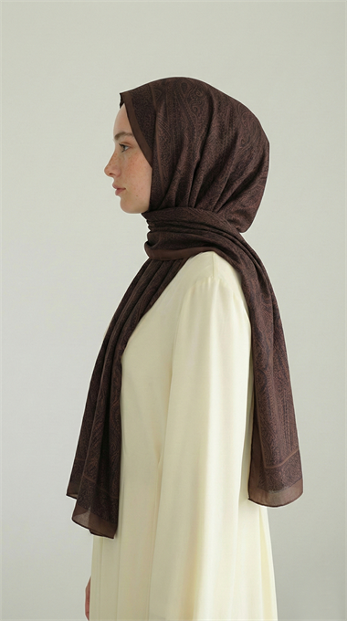 ELEGANT DESENLİ VUAL İPEK ŞAL -KAHVERENGİ  / ACI KAHVE 