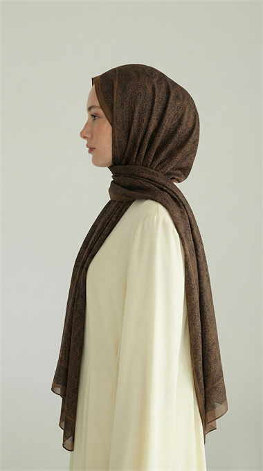 ELEGANT DESENLİ VUAL İPEK ŞAL - KAHVERENGİ