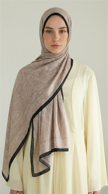 ELEGANT DESENLİ VUAL İPEK ŞAL -KREM
