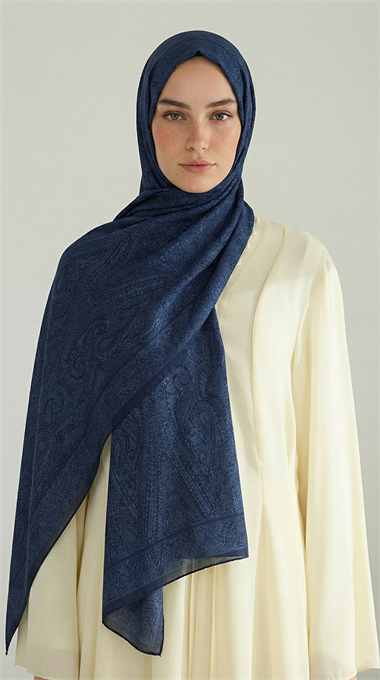 ELEGANT DESENLİ VUAL İPEK ŞAL -LACİVERT / MAVİ 