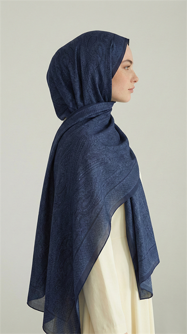 ELEGANT DESENLİ VUAL İPEK ŞAL -LACİVERT / MAVİ 