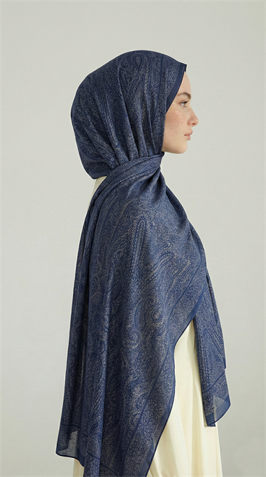 ELEGANT DESENLİ VUAL İPEK ŞAL -LACİVERT