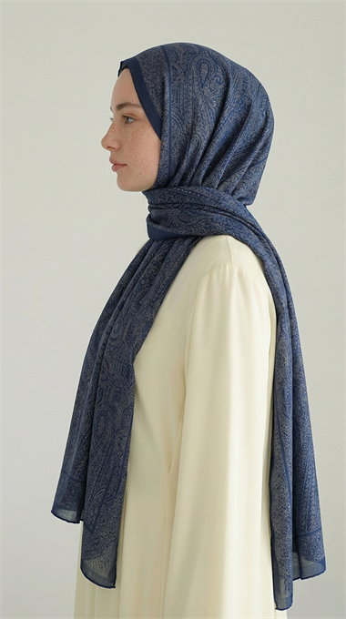 ELEGANT DESENLİ VUAL İPEK ŞAL -LACİVERT