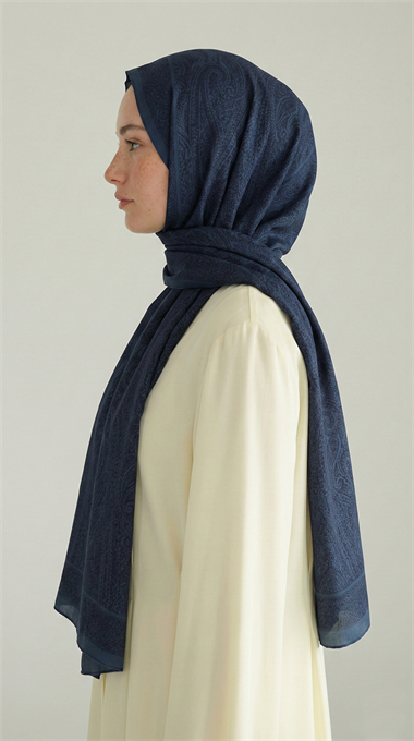ELEGANT DESENLİ VUAL İPEK ŞAL -MAVİ 