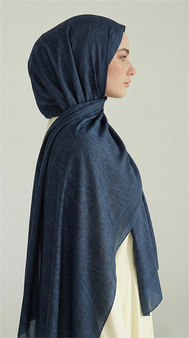 ELEGANT DESENLİ VUAL İPEK ŞAL -MAVİ 
