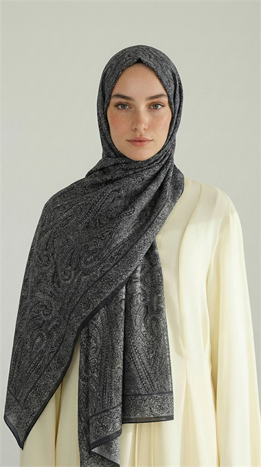 ELEGANT DESENLİ VUAL İPEK ŞAL - SİYAH / BEYAZ